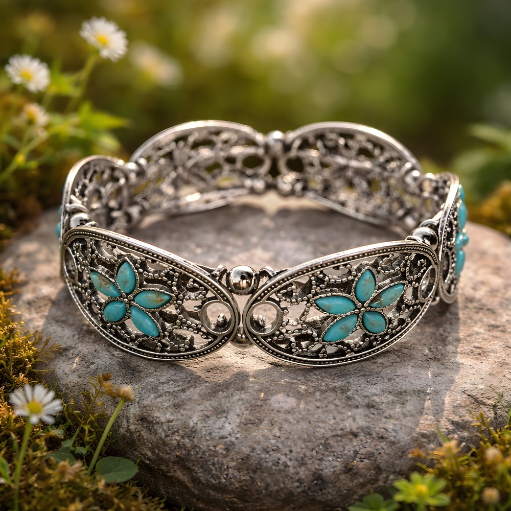 *NEW* Alloy Hollow Flower Elastic Turquoise Bracelet